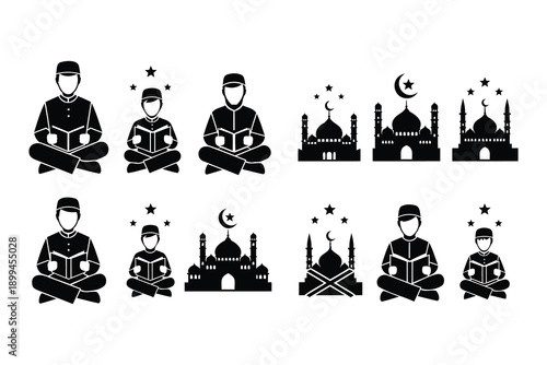 Islamic religion symbols and people reading Koran illustrations on white background