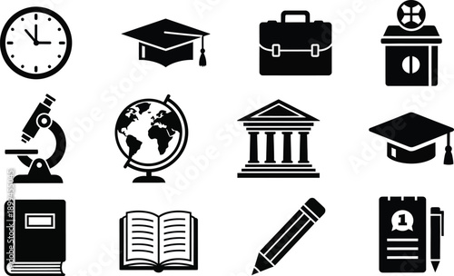 Education icons set including clock graduation cap briefcase microscope globe university books pencil