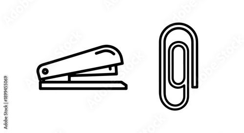 Outline icon of a stapler next to a paperclip