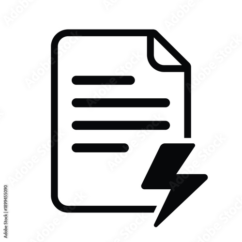 High-impact icon featuring a document with a lightning bolt symbol. Represents quick reports, flash updates, energy bills, or urgent prioritized information in a bold style.