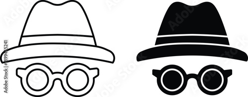 Outline and Solid Black Fedora Hat and Round Goggles Set symbol