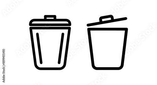 Vector illustration of two black and white trash cans with lids, one open, one closed.