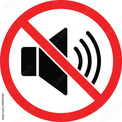 Red circle with diagonal line over black speaker with sound waves no sound silence