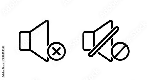 Outline vector icons symbolizing muted sound and volume off with cross and circle.