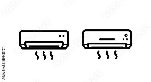 Outline icons of air conditioners, one with wavy lines indicating cool air flow.