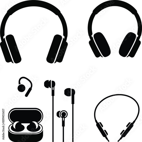 Various styles of black headphones and earphones in a simple graphic illustration.
Headphones and Earphones Silhouette Set – Audio Device Vector Icons.