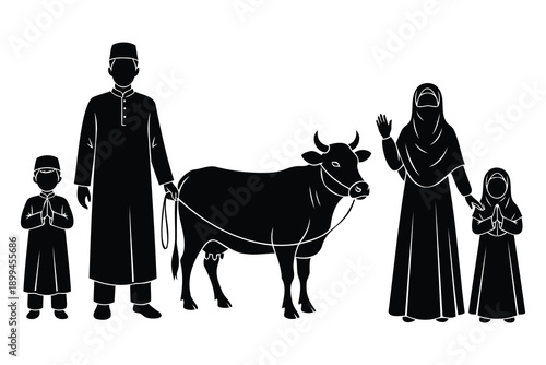 Muslim family with cow for qurban or eid al adha sacrifice