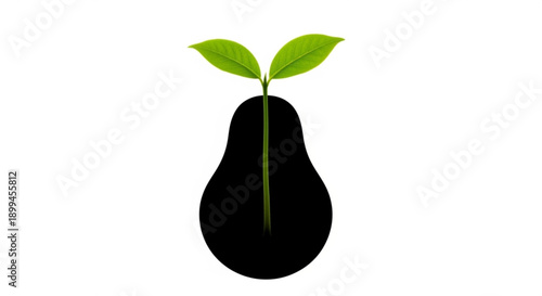 A black silhouette of a pear with a green stem and leaves sprouting from the top, symbolizing growth and nature.