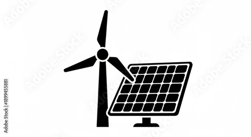 Renewable energy sources including wind turbine and solar panel in a clean environment viewed from the side