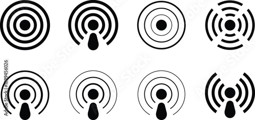 Eight black and white podcast microphone signal on white background podcast signal broadcast radio waves