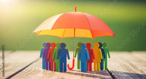 May day workers unity under colorful umbrella symbolizing protection and solidarity