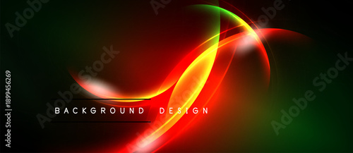 Bright neon lines create abstract shapes. Red, orange, green hues dominate dark background. Modern design element.