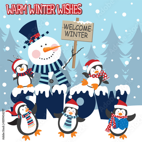 Christmas card with snowman, penguin and snow