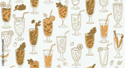 Colorful illustration of various cocktails with straws and garnishes on a white background