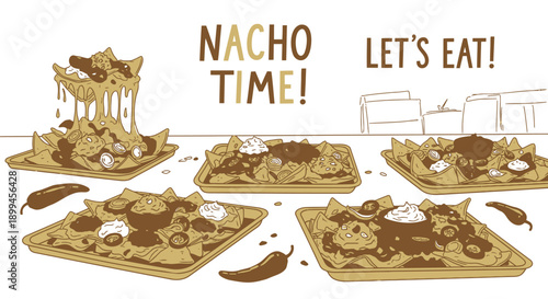 Colorful nacho plates with toppings and text 'nacho time let's eat' on white background