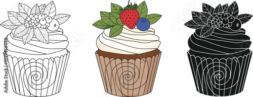 Cupcake illustration set showing outline colored and black silhouette styles with berry topping in detailed vector design