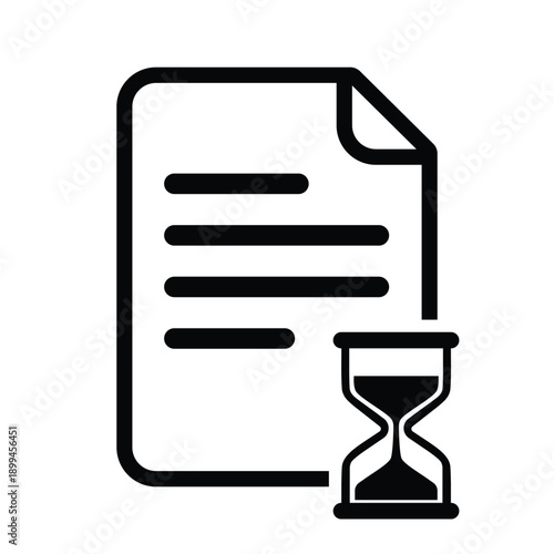 Document file icon with an hourglass symbol. Vector graphic representing pending tasks, waiting time, processing history, expiration dates, and deadline management.