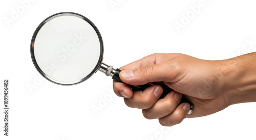 Hand holding magnifying glass search concept on transparent background
