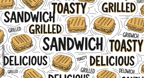 Grilled sandwich pattern with toasty delicious text on white background