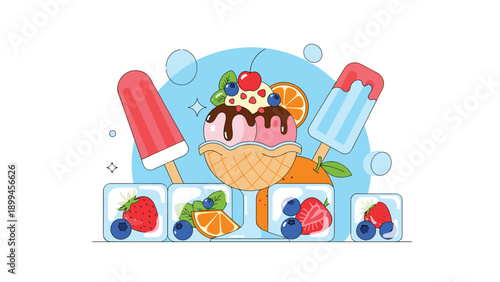 Delicious assortment of fruit flavored ice cream scoops served in a wafer bowl surrounded by popsicles and refreshing ice cubes.