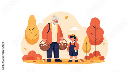 Elderly grandfather and young grandson walk together in autumn forest while carrying baskets full of freshly picked wild mushrooms.