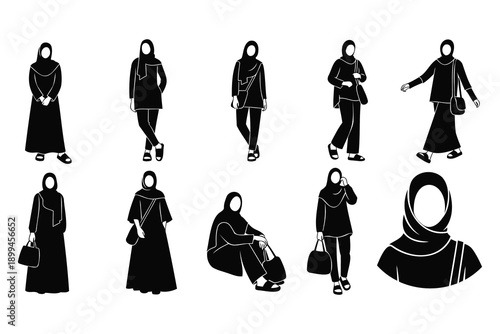set of black silhouette women wearing hijab in various poses and outfits