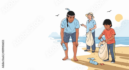 Three people performing community beach cleanup, collecting plastic waste and debris from sandy shore. Volunteers engage in important environmental beach cleanup, protecting ocean ecosystem.