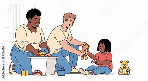 Illustration shows diverse family playtime, parents and child engaging with toys. Adults arrange blocks, child plays with teddy bear, representing loving family playtime at home.