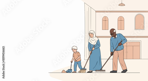 Grandparents and child engaging in family cleaning activity with brooms and dustpan outside house. Diverse family cleaning together shows unity, teamwork, and responsible chore distribution.