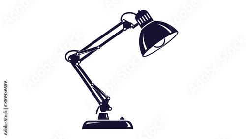 Classic adjustable metal desk lamp provides focused illumination for work or study in a minimalist black and white graphic style.