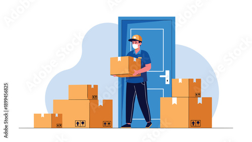 Professional delivery man wearing a protective face mask carries a cardboard box to a doorstep while surrounded by stacked packages.