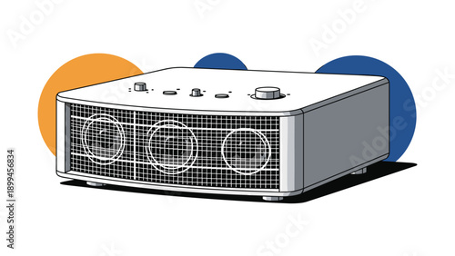 Modern white audio speaker or projector device sits on a surface with colorful circles in the background showing sleek industrial design.
