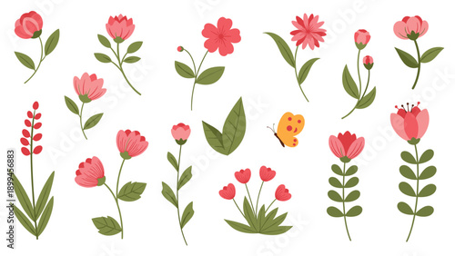 Beautiful collection of various pink garden flowers and green leaves arranged together with a small butterfly in a natural spring scene.