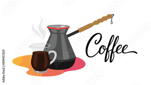 Traditional cezve coffee pot and a small glass of dark coffee are displayed together with an elegant handwritten coffee title script.