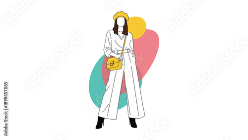 Fashionable woman poses in an elegant white outfit with a yellow beret and matching handbag against colorful abstract background shapes.