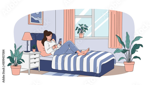 Young woman relaxes comfortably on her bed while using a smartphone and holding a cup of tea in a cozy and modern bedroom setting.