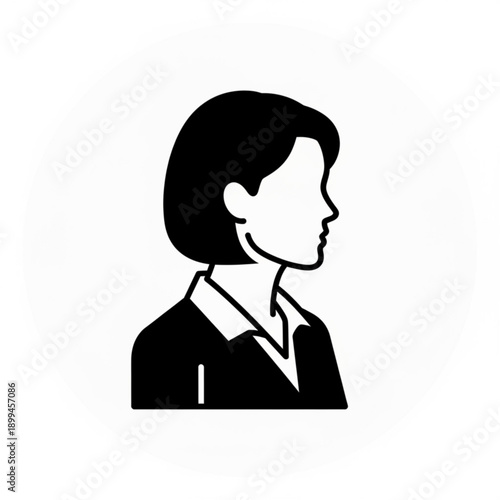 A minimalist black silhouette of a woman's head and shoulders in profile, facing right, with short hair and a collared shirt, set against a white background.