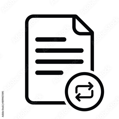 Vector icon of a document with circular sync arrows, symbolizing file synchronization, data update, document exchange, refreshing information, transfer process, and backup workflow.