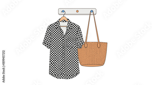 Casual checkered short sleeve shirt and a woven straw tote bag hang on a modern wooden wall rack in a minimalist hallway.