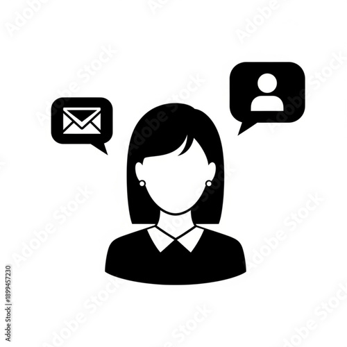 A minimalist vector graphic illustration of a woman with speech bubbles representing communication and messaging