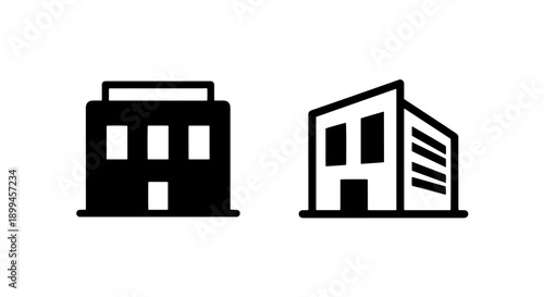 Solid and Outline Icons of Traditional and Modern Office Buildings