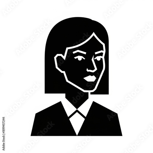 A minimalist black and white vector graphic illustration of a woman in a business suit