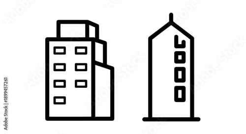 Simple building icons in black and white, for architectural concepts