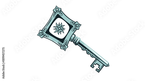 Ornate silver key with a decorative square head featuring a celestial star emblem stands out against a clean white background.