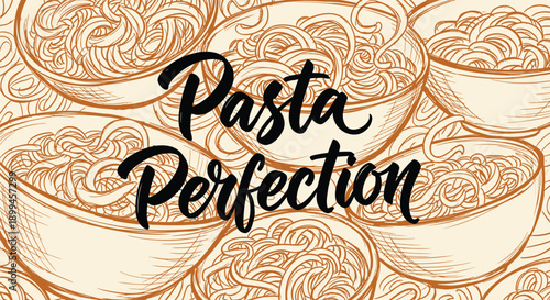Pasta perfection with bowls of noodles in a decorative pattern background