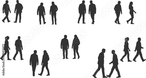 Black silhouettes of multiple pairs of people walking and standing, minimalistic design illustrating human interaction, posture, and movement reference
