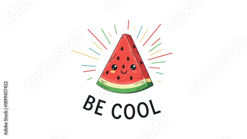 Cheerful slice of watermelon with a smiling face and the words be cool is surrounded by colorful rays on a white background.