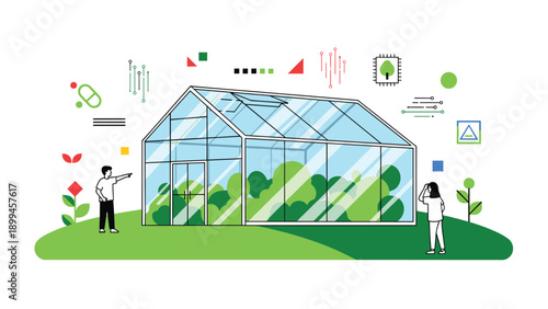 Modern glass greenhouse situated on a green hill with people observing plants while surrounded by various agricultural technology icons.