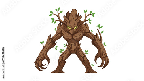 Powerful tree monster creature with glowing green eyes and wooden limbs covered in small leaves standing in a menacing and strong pose.