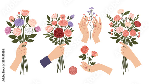 Artistic composition showing multiple hands holding beautiful bouquets of roses and various flowers in a soft and romantic floral arrangement.